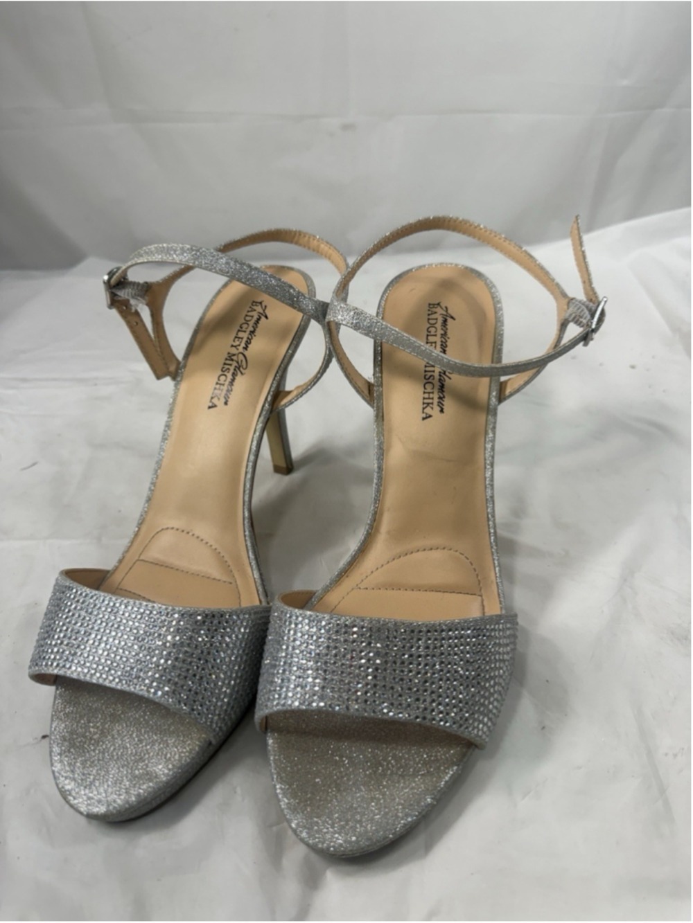 AMERICAN GLAMOUR BADGLEY MISCHKA Yasmin Stiletto Sandal Silver Size 9 W